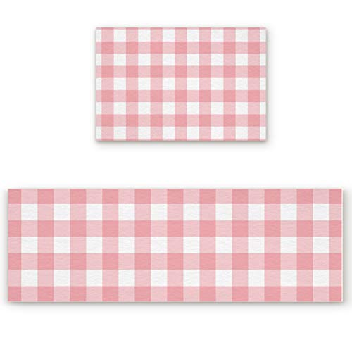 Valentine's Day Kitchen Rug Sets 2 Piece Buffalo Plaid Check Non Slip Floor Mats Comfort Soft Absorb Cushioned Standing Valentines Doormat Runner Rugs Pink White (19.7x31.5+19.7x63 inch)
