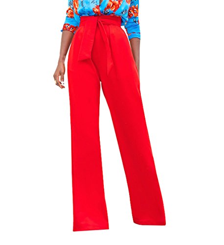 Women High Waisted Straight Leg Pants Belt Trouser Red M