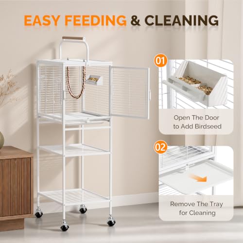 Image of VINGLI Small Bird Cage with Rolling Stang, 52 inch Wrought Iron Parakeet Cage with Wooden Perch and Storage Shelves for Parrot Lovebirds Finches Small /Medium Birds (Black with Stand)