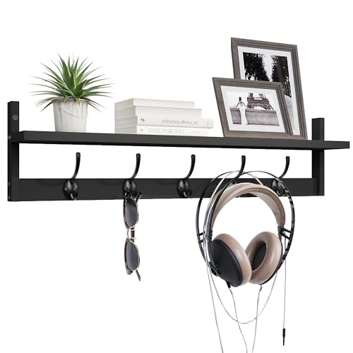 BAMEOS Wall-Mounted Shelf with Hooks - 28.9 Inch Entryway Hanging Shelf with 5 Dual Hooks for Bathroom, Living Room, Bedroom (Black) by BAMEOS - Image 6