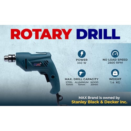 Image of MAX MXD350-IN 350W CORDED Rotary Drill, 2800 RPM No Load Speed, 1.5 to 10mm Chuck Capacity, 1.4 kg, Professional Tool for Wood and Metal Surfaces