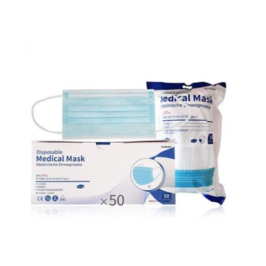 SUMGER Mascarilla Quirúrgica Desechable Homologada, 50 Unidades, CE BFE ≥98%, EN 14683:2019+AC:2019 Type II Azul