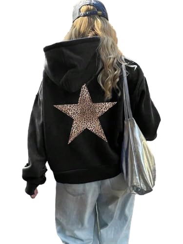 Star Graphic Hoodies Cheetah Print Hoodie Oversized Y2k Hoodie Leopard Print Hooded Sweatshirt Pullover Tops Small Black