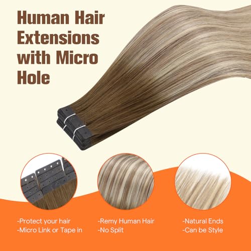 Image of Full Shine Holed Hair Extensions Tape In, Ash Brown Beige Blonde 22 Inch | 50g 20 PCS, Invisible Tape in Hair Extensions Human Hair, Hole Structure, Glueless Wear, Long Hairstyles, Soft Finish