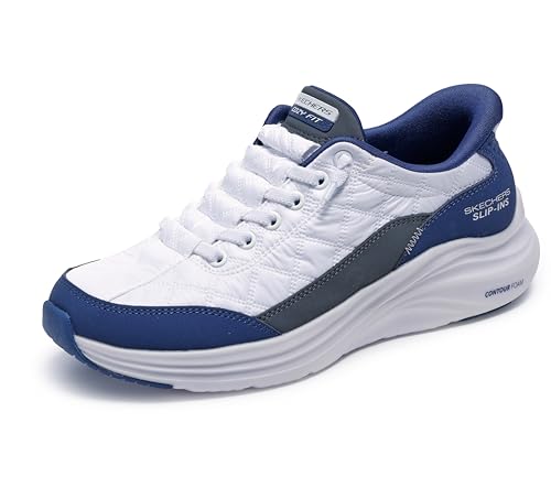 Skechers Sport Women's Women's Contour Foam Cozy FIT Hands Free Slip-INS Sneaker, White/Navy, 8