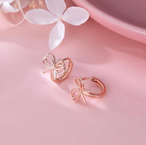 Image of Reffeer Solid 925 Sterling Silver Bow Hoop Earrings Ribbon for Women Girls Bowknot Hoop Earrings Huggie