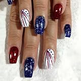 LBPEPAMZ 24Pcs Independent Day Press on Nails 4th of July Medium Square Coffin Fake Nails Red Blue Glitter Full Cover Glossy Acrylic nails False Nails Colorful Line Star Glue on Nails Manicure Decor