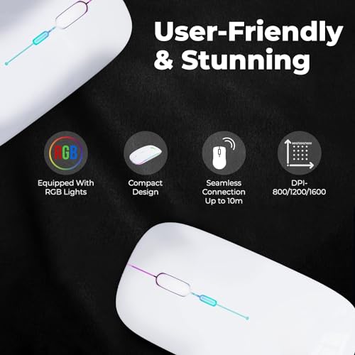 Image of Electro Wolf WM12 Rechargeable Wireless Mouse with RGB LED Backlit Silent Click (White Color) 1600 DPI Ergonomic Mouse for Laptop pc Computer Gaming & Work (WM12 White)