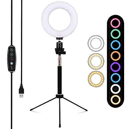 FREESOO Luz de Anillo LED Regulable 6u0094 RGB 8 Colores para Fotografia con Trípode Altura Ajustable con 5 Niveles de Brillo USB para Youtube Disparo Selfie Video Maquillaje