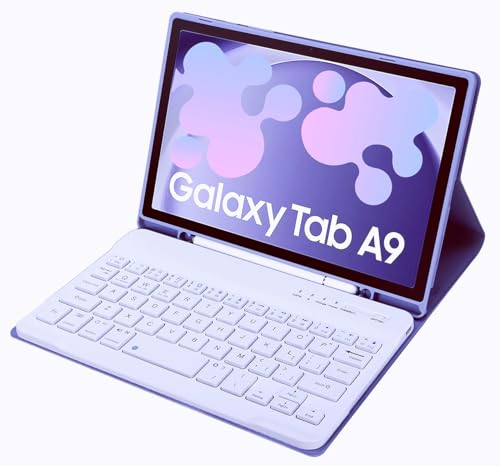 Samsung Galaxy Tab A9 8.7�C���` 2023�N���f�� (SM-X110/X115/X117) �Ή� �X�����L�����f�B�J���[ �L�[�{�[�h�P�[�X S�y���z���_�[�t�� ���p�X�^���h�J�o�[ ���O���\�ȃ��C�����X�L�[�{�[�h (�o�C�I���b�g)