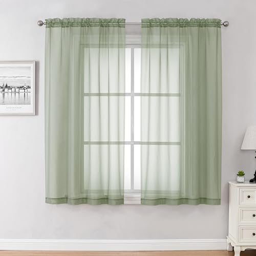 Image of Chyhomenyc Sage Green Sheer Curtains 45 Inch Long 2 Panels, Short Voile Rod Pocket Drapes for Dinning Small Windows Bathroom Living Room Bedroom, 42Wx45L Inches