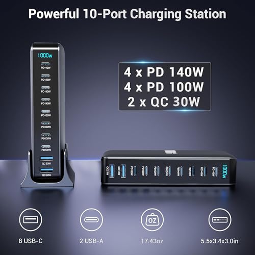 Image of MX 1000W GaN Charging Station, 10 Port USB C Fast Charger (8 USB-C + 2 USB-A), PD 140W Desktop Charger for MacBook, iPhone, Android & Laptops