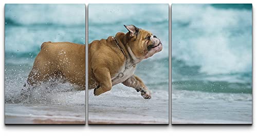 Wall26 - 3 Piece Canvas Wall Art - Happy Dog Bulldog Running At The Sea - Modern Home Art Stretched And Framed Ready To Hang - 16"X24"X3 Panels #TOP1