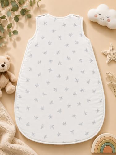 Image of TuddyBuddy Baby Cotton Wearable Quilted Sleeping Bag Blanket 1.5 Tog with 1 Way Zipper Closure | Ideal for Babies & Kids Hypoallergenic Fabrics | (Grey Birds AOP - White, 2-3 Years)