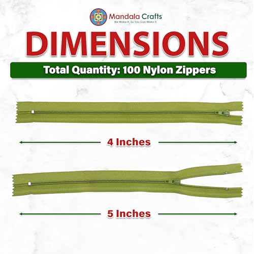Image of Mandala Crafts 100 PCs Dill Green Closed-End 4 in Nylon Zippers for Sewing