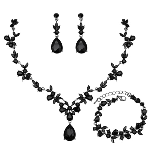 chaoyite Wedding Jewelry Set for Women Bridal Floral Necklace Dangle Earrings Bracelet Set Crystal Prom Party Costume Accessories for Bride (black crystal)
