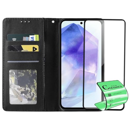 Capa Carteira Premium Compatível Samsung Galaxy A55 com Película Cerâmica 9D, Preta