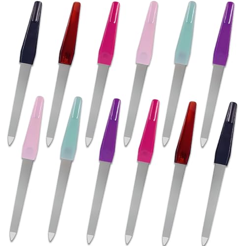 Metal Nail File Set (12 pcs) - Stainless Steel Nail Files for Natural Nails Sword-Shaped Fingernail Files with Non-Slip Handle Sharp Tip and Sapphire Grit for Women and Men