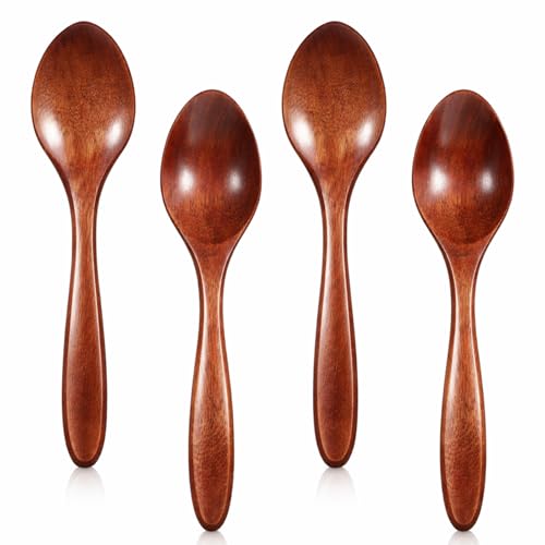 JJUNW 4 Pcs Wooden Spoons For Eating, 5.5 Inch Soup Spoons Set Wooden Utensils, Table Spoon For Honey Coffee Stirring Tea Sugar Condiment Soup Rice Mixing Stirring