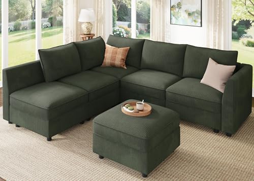 HONBAY Modular Sectional Sleeper Sofa Green Couch L Shaped Sectional Sofa with Storage, Convertible Couches for Living Room - Green - Thumbnail 5