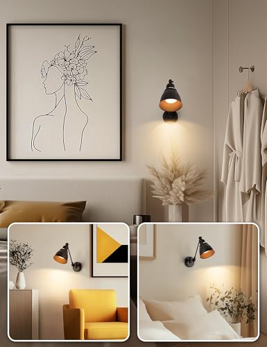 Image of DORESshop Wall Sconces Set of 2, Rechargeable Wall Lights with 350 Rotation, Dimmable Battery Operated Wall Sconce, Wireless Wall Mount Light for Bedroom, Living Room(2 Pack Gold and Black)