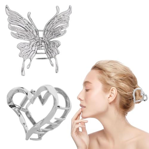 Set di 2 Mollettone Capelli Donna, Pinze per Capelli, Pinza Capelli Donna, Pinza per Capelli Donna con Farfalle e Cuori, Fermagli Grandi per Capelli Spessi, Fermagli per Capelli in Metallo Antiscivolo