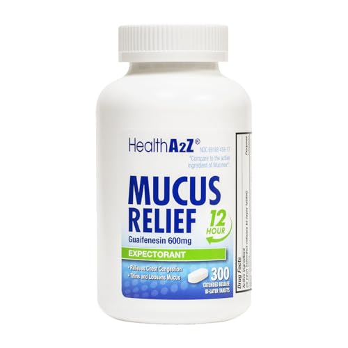 HealthA2Z Mucus Relief Guaifenesin 600 mg 12 Hour Relief Dye Free No Benzene Expectorant Relieves Chest Congestion Thins and Loosens Mucus Extended Release (300 Counts)