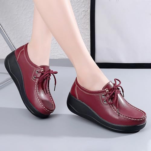 Image of Women's Leather Lace up Slip On Platform Loafers,Comfortable Arch Support Round Toe Wedge Moccasins Non-Slip Increase Height Nurse Work Shoes