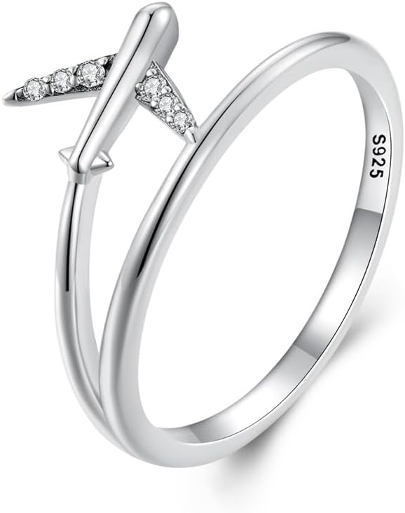 Layered Airplane 925 Sterling Silver Ring for Women Girls Plane Aircraft Statement Stacking CZ Promise Engagement Band Rings Comfort Fit Cute World Travel Souvenir BFF Jewelry Gift Size 8