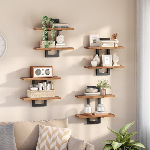 Image of HOOBRO Floating Shelves, 15 Inch Wall Shelf Set of 4, Wall Mounted Storage Shelves 2-Tier, Hanging Bathroom Shelves, for Living Room, Bedroom, Bathroom, Kitchen, Rustic Brown and Black BF32BJP401