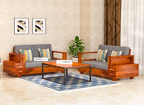 Image of Sheesham Wood 4 Seater Sofa Set with 2 Drawer Storage | 2+2 Wooden Sofa Set Furniture for Living Room Home Office (Honey Finish)