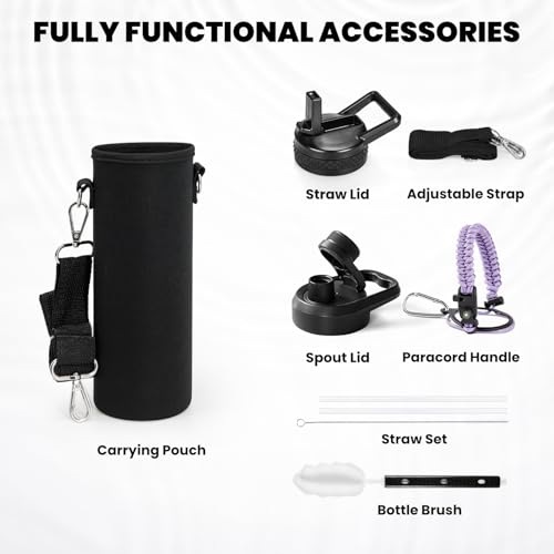 Image of RAYMYLO Insulated Water Bottle 24 oz, Triple Wall Vacuum Stainless Steel (Cold for 24Hrs, Hot for 12Hrs), Leak Proof & Non-BPA, Modern Water Flask Jug with Paracord Handle & Straw Spout Lids