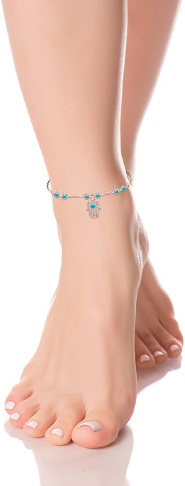 Anklets for Women S925 Sterling Silver Hand of Fatima Charm Dainty Evil Eye Hamsa Hand Anklet Adjustable Turquoise Jewelry Mothers Day Gifts for Mom - Image 4