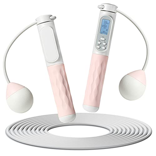 Jump Rope with Counter, Cordless Jump Rope Adjustable Length Weighted Skipping Rope with Calorie Counter for Fitness Crossfit Exercise Training Indoor Outdoor (Pink)