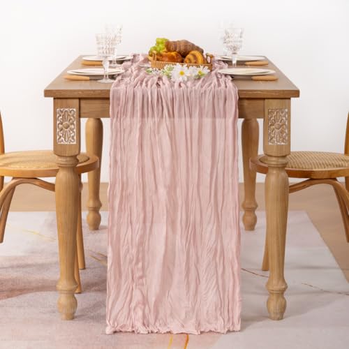 Image of MLMC 2 Pack Pink Table Runner Boho Cheesecloth Table Runner 10ft Rustic Dusty Pink Gauze Cheese Cloth Centerpiece Decor 35x120 Inches for Wedding Bridal Shower Birthday Party