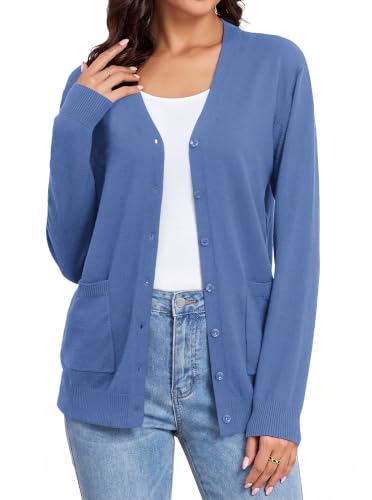 Image of Women's Lightweight Button Down Cardigan Sweaters Long Sleeve Classic V Neck Knit Soft Shrugs with Pocket