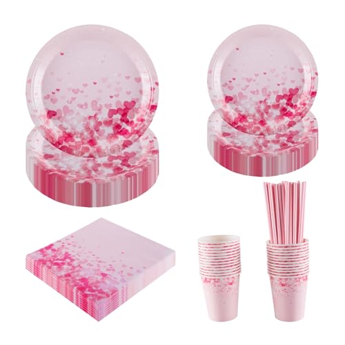 CEILIWEN Pink Heart-Themed Party Tableware Set for 25 Guests - with 9'' & 7'' Paper Plates, Cups, Napkins & Straws - for Valentine's Day, Mother's Day, Birthday, Wedding, Baby Shower