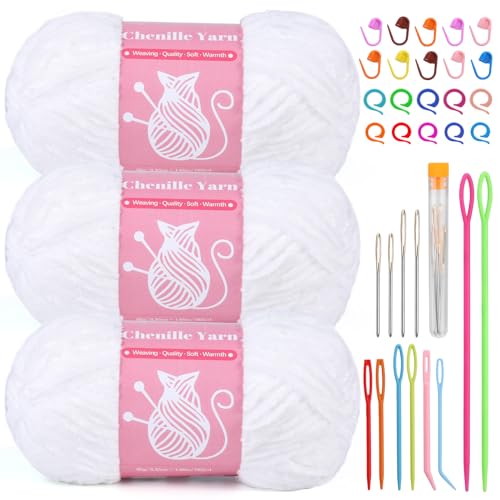 LUNARM Chenille Velvet Yarn, Yarn for Crocheting Knitting with Big Eye Needles, Handcrafts Weaving Soft Chenille Yarn for Making Blankets, Clothes, Pattern Knitting-3 * 3.35oz, 3 * 162yds (White)