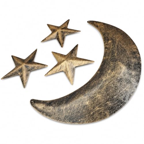 Mango Gifts Rustic Moon Phase Wall Decor | 4-Piece Gold Metal Wall Art Set Featuring Crescent Moon & Stars | Vintage Farmhouse Boho Hanging Decoration for Living Room & Bedroom