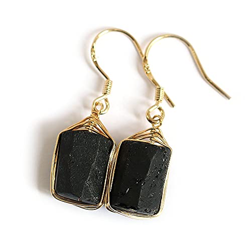 Scutum Craft Genuine Natural Gemstone Dangle Drop Earrings with 14K Yellow Gold Plated Wire Wrap and 925 Sterling Silver Hook Jewelry for Women (Raw Black Tourmaline)