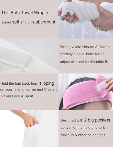 Image of Veseacky Women Bath Wrap Towel for Womens Shower with Pocket Adjustable Spa Robe & Facial Headband