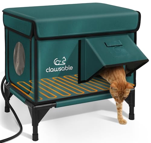 Indestructible Heated Cat House for Outside Winter, 100% Waterproof, Safe Escape Door, Insulated Outdoor Cat Shelter with Heater for Feral Barn Cat Kitty (Forest Green, 12