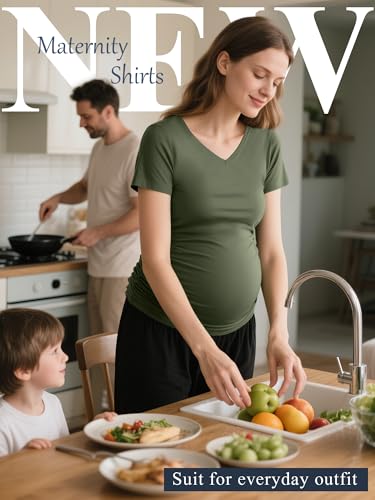 Huukeay 4 Pack Women's Maternity Shirts, V Neck Maternity Top Short Sleeve Casual Cotton Tee Side Ruched Pregnancy Clothes2