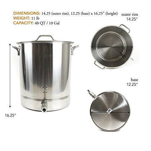 Gasone Bs-40 10 Gallon Stainless Steel Kettle Pot Pre Drilled 4 Pc Set 40 Quart Tri Ply Bottom For Beer Includes Lid, Thermometer, Ball Valve Spigot-Home Brewing Supplies, Qt #TOP1