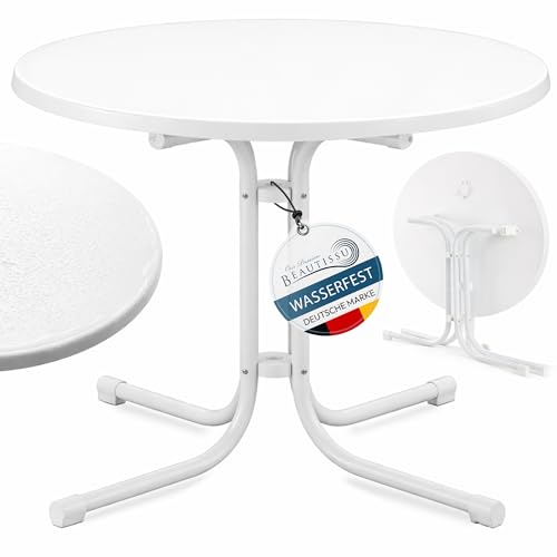 Beautissu Bistrotisch Outdoor Rund Ø 80 cm Wasserfest – Beistelltisch Balkontisch Wetterfest Gartentisch Rund Klappbar 70 cm hoch – Campingtisch Partytisch Esstisch Gastro – Weiß Bistroni