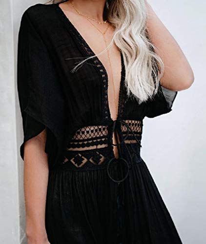 VITryst-Women Saída de praia como xale de renda com decote em V, Preto, M