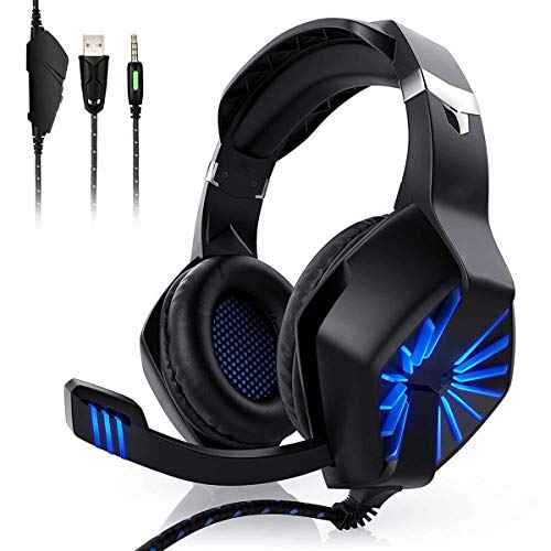 PC Gaming Headset mit RGB-Licht und verstellbarem Mikrofon, Rauschunterdrückung Over-Ear LED PS4 Headset Stereo-Klang Gamer Kopfhörer, für