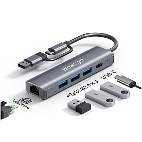 Wowssyo USB C Hub 5-in-1, USB C Adapter Docking Station, Multiport USB Hub, Gigabit RJ45 Ethernet, USB 3.0
