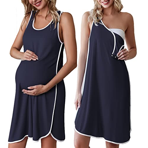 Image of Ekouaer Labor and Delivery Gown for Hospital 3 in 1 Nursing Dress Sleeveless Maternity Snap Button Breastfeeding Nightgown