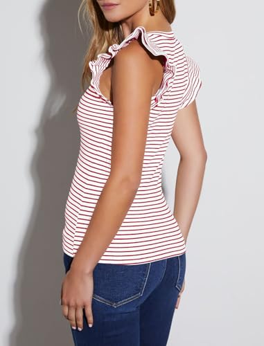 Ezbelle Women's V Neck Tank Summer Tops Striped Tshirts Ruffle Short Sleeve Slim Fitted Ribbed Knit Sexy Blouse 20263